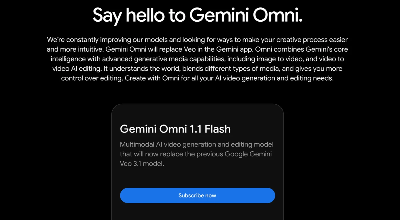 The Gemini page from Google says Gemini Omni will replace Veo in the Gemini app, and Gemini Omni 1.1 Flash replaces the Veo 3.1 model
