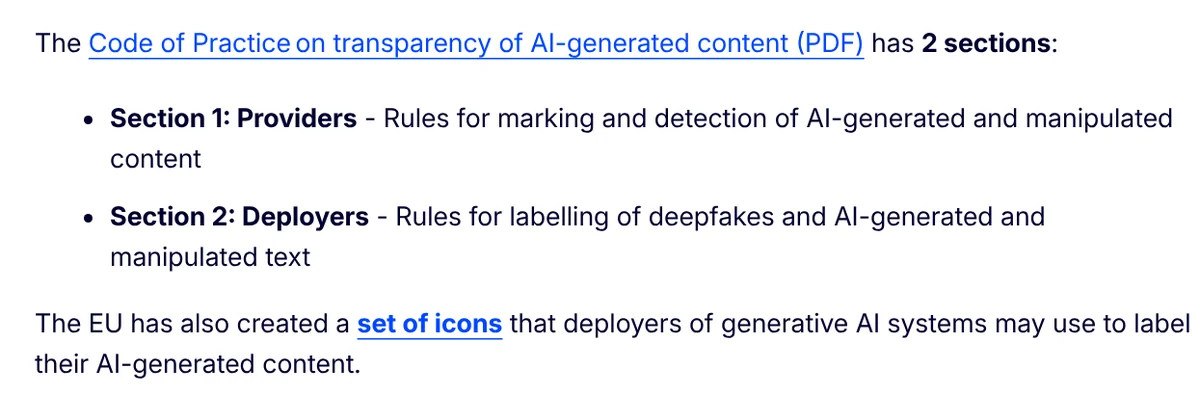 European Commission Code of Practice page: two sections for providers and deployers, plus the set of icons for labeling AI content
