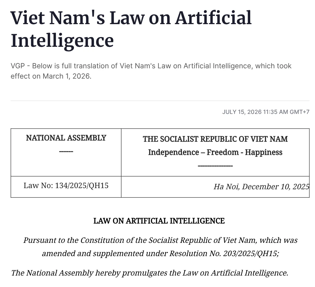The English translation of Vietnam's Law on Artificial Intelligence No. 134/2025/QH15 on the Government portal, signed Dec 10, 2025, in force from Mar 1, 2026