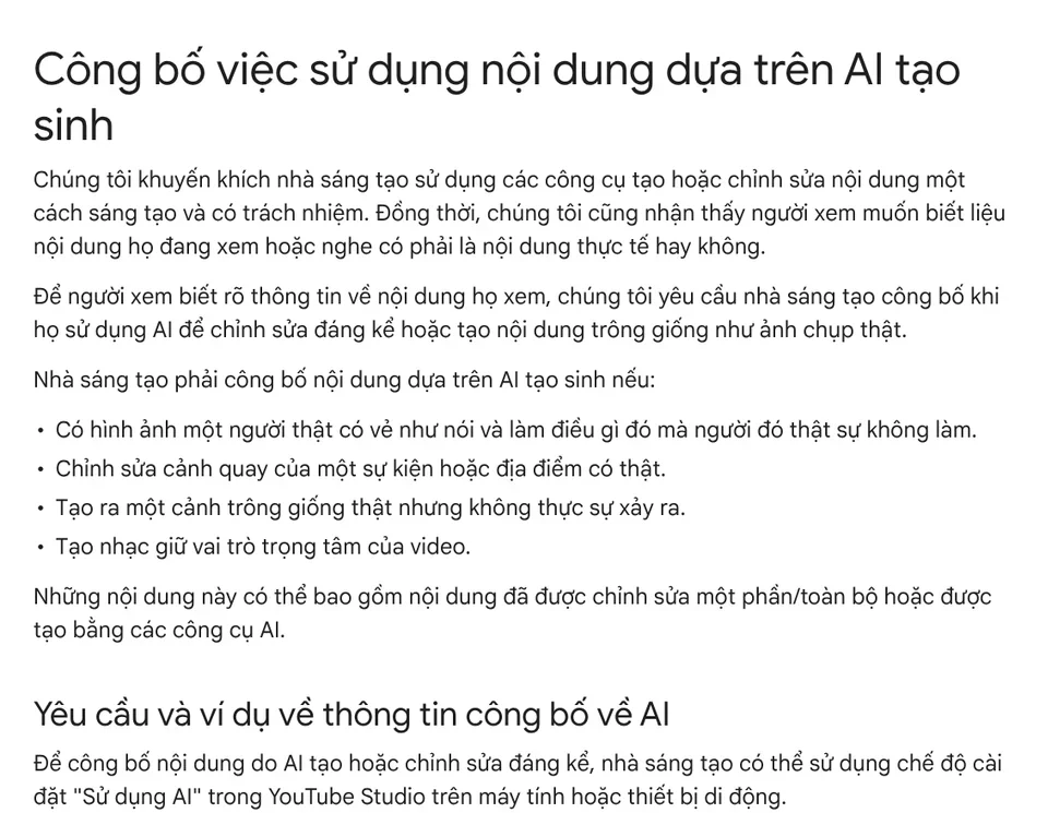 YouTube policy page requiring creators to disclose generative AI content when it looks realistic