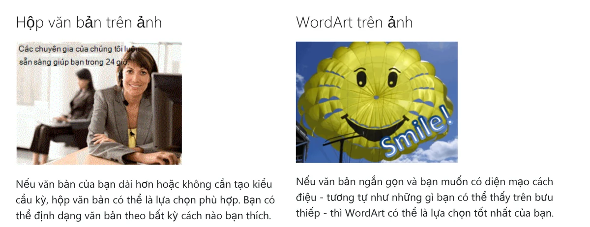 Microsoft Support page comparing a text box on a picture with WordArt on a picture, with two example images