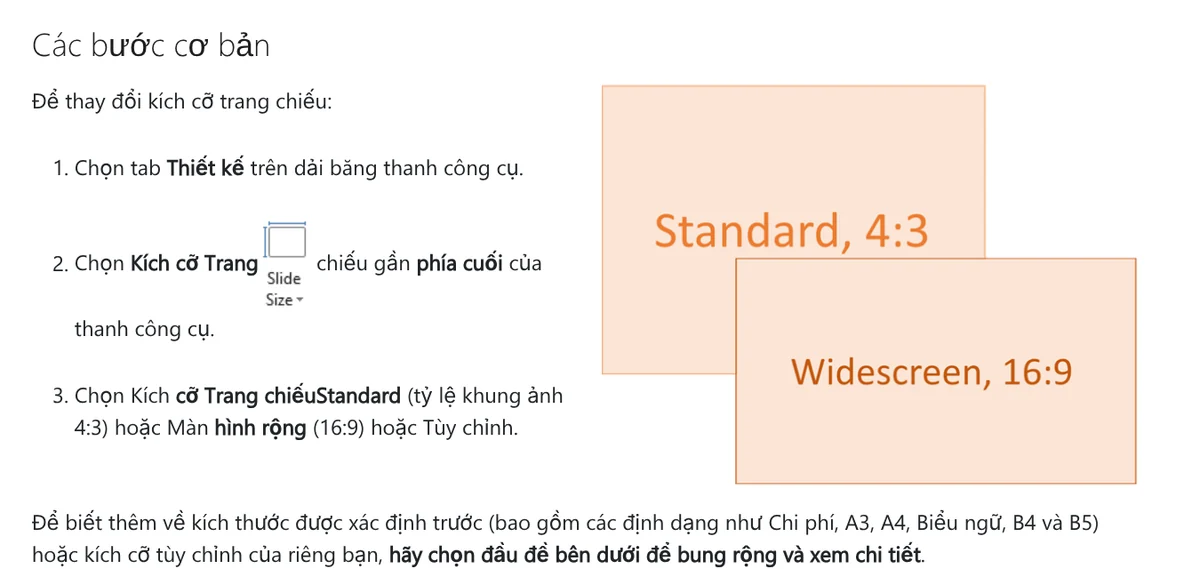 Basic steps for changing the PowerPoint slide size: Design tab, Slide Size, then 4:3, 16:9 or Custom