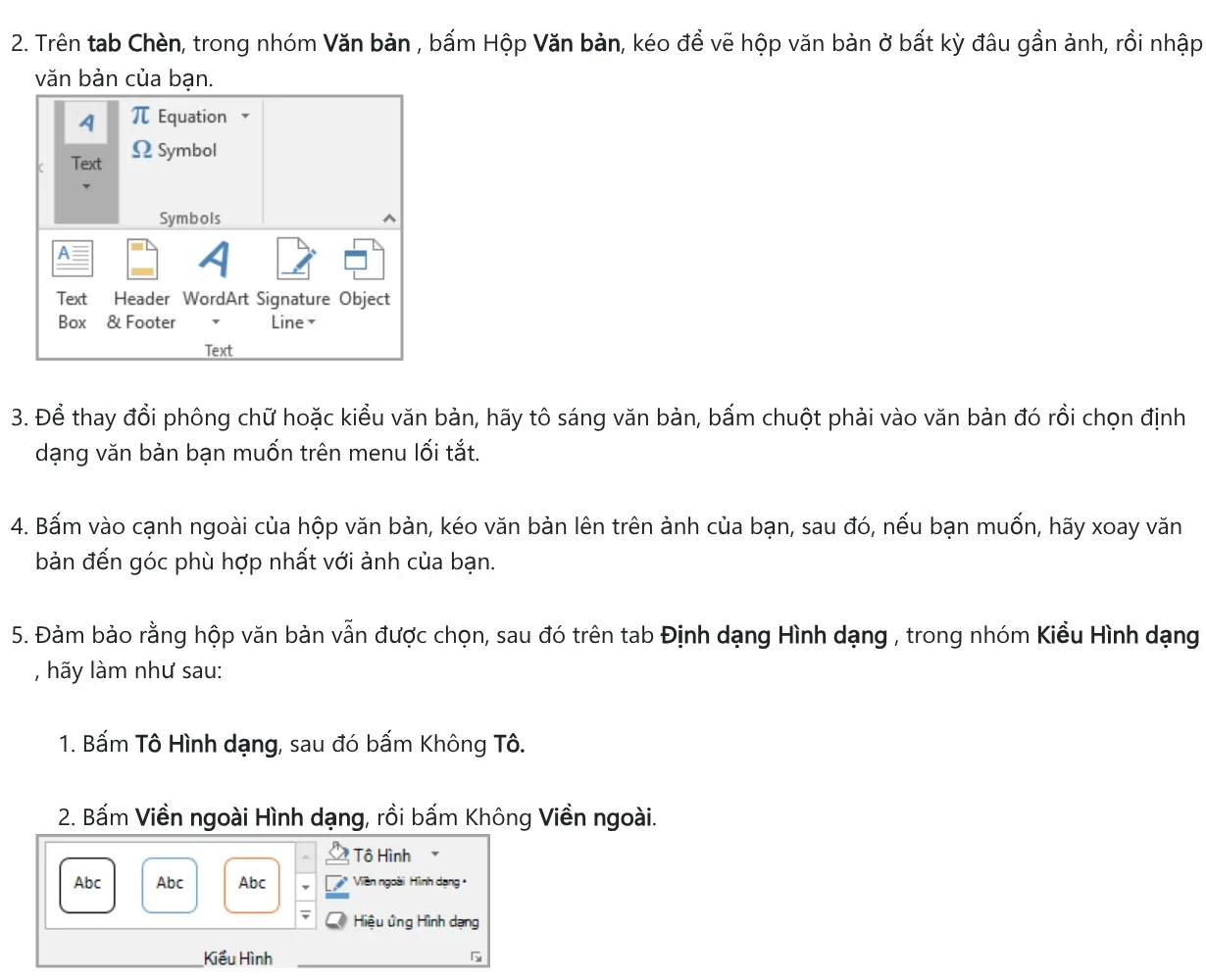 Microsoft Support steps for using a text box to add text on top of a picture in PowerPoint: draw the box, remove fill and outline, group it with the picture