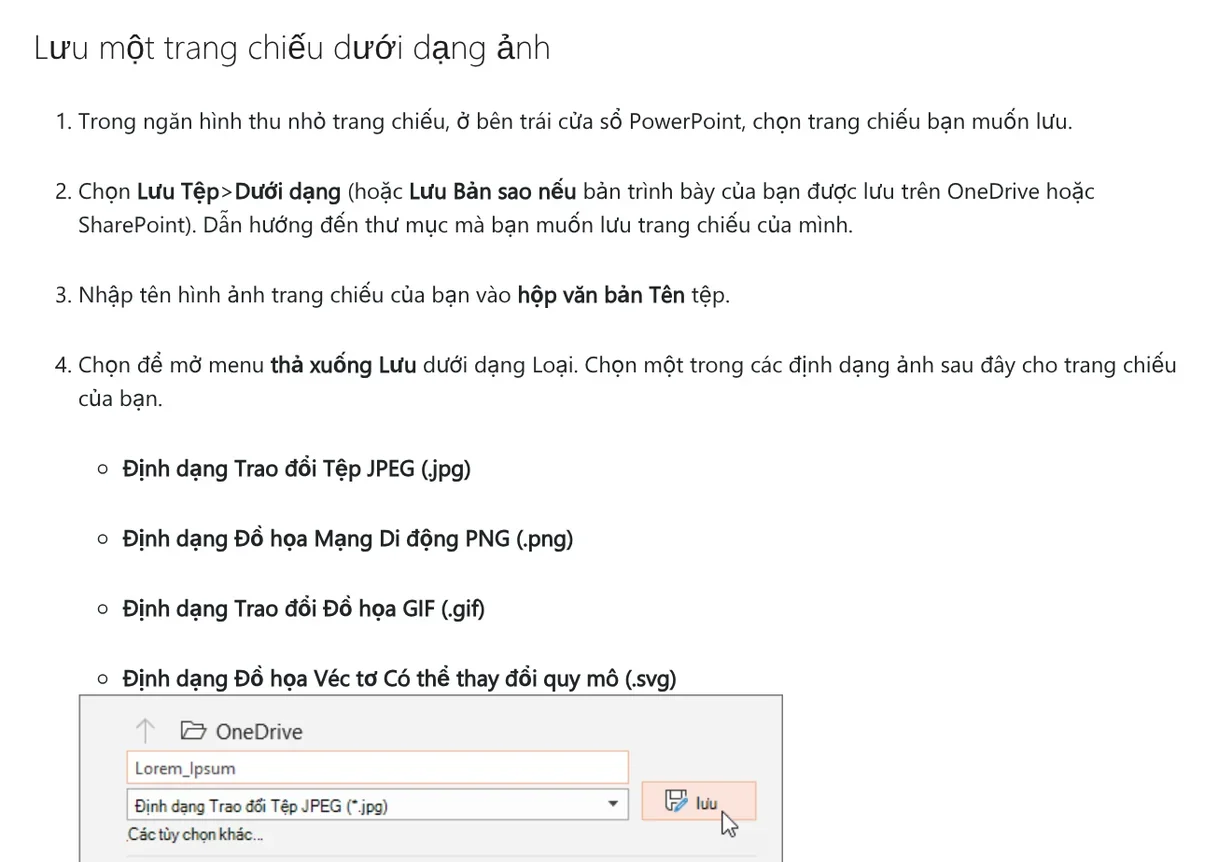 Microsoft Support steps for saving a PowerPoint slide as a JPEG or PNG image with Save As