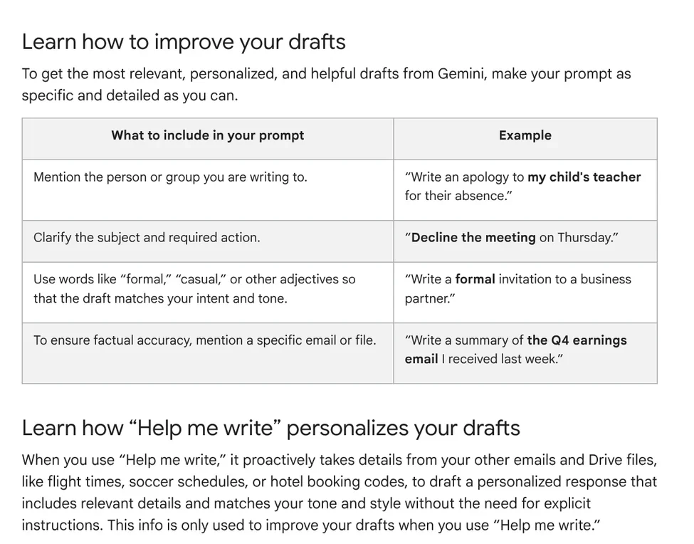 Google's table of what to include in an email prompt: recipient, topic and action, tone, specific email or file
