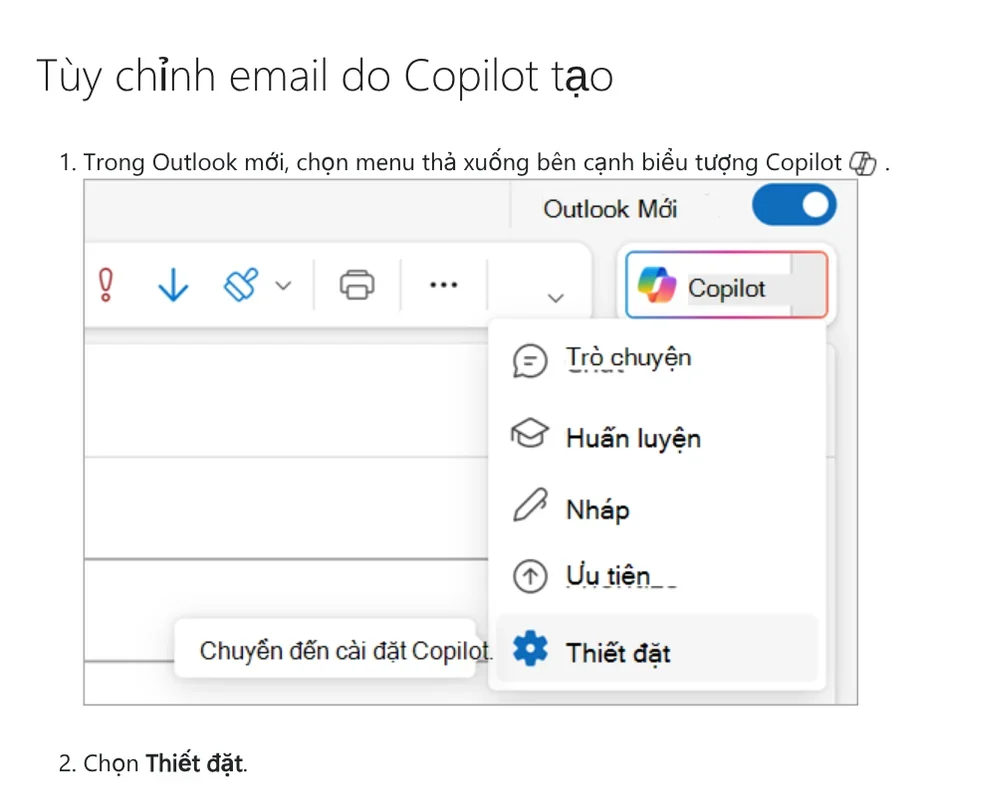 The first two steps to customize Copilot drafts in the new Outlook: open the menu next to the Copilot icon, choose Settings