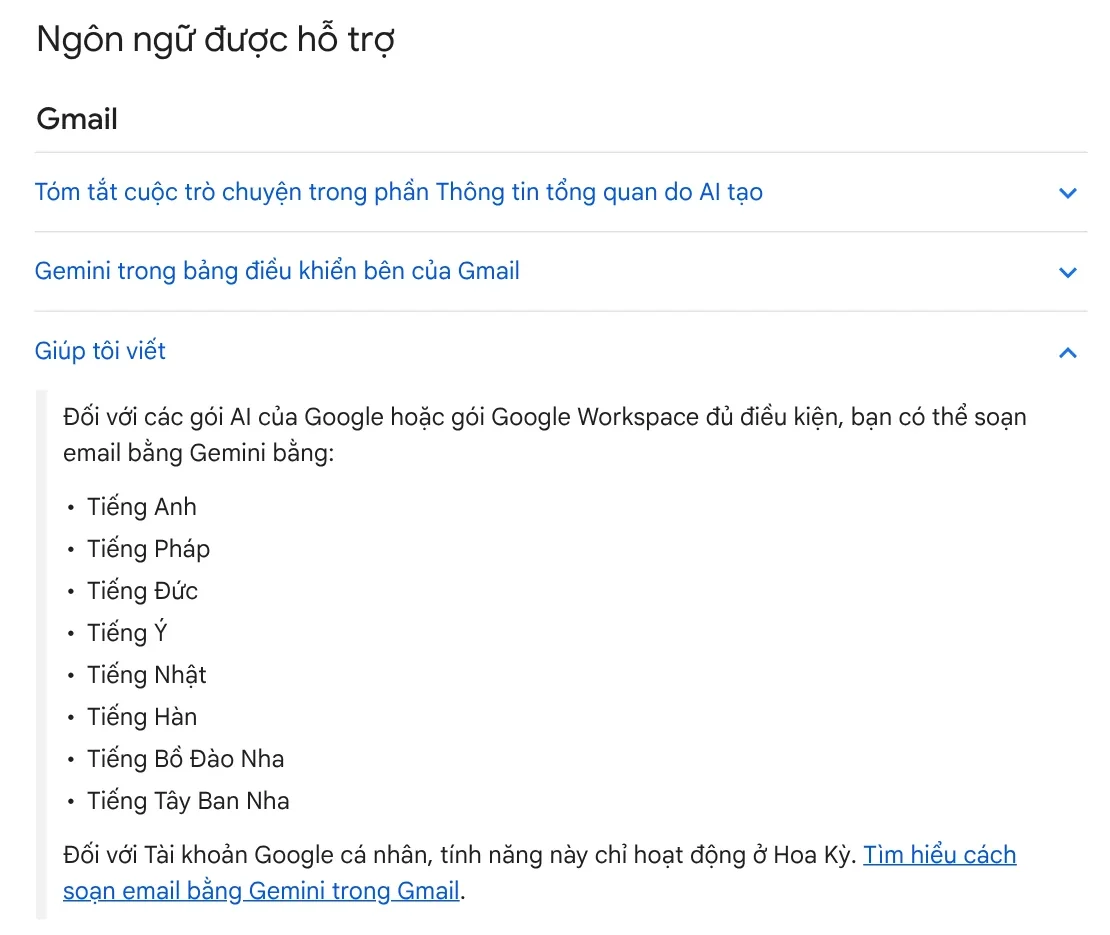 Google Workspace language page: Help me write in Gmail supports 8 languages, and Vietnamese is not one of them
