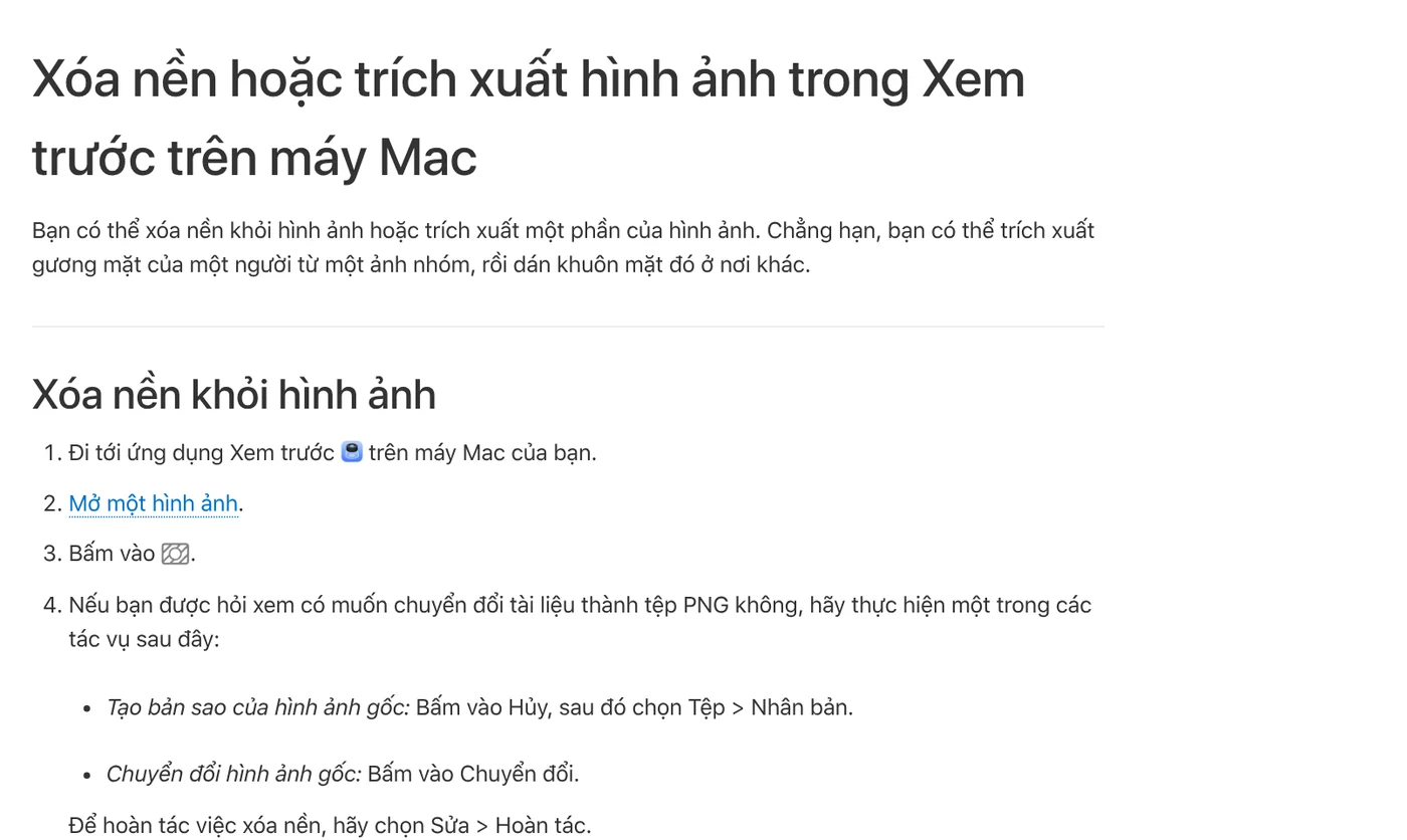 Apple's guide to removing a background from an image in Preview on Mac, with the choice to make a copy or convert to PNG