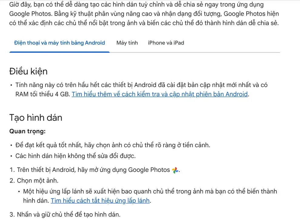 Google Photos help page on creating a sticker from a photo on Android: press and hold the subject, then choose Copy or Share