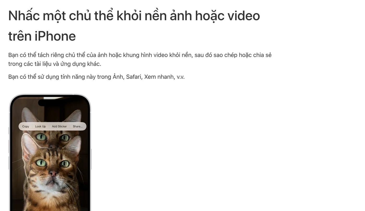 Apple's guide to lifting a subject from a photo or video background on iPhone, with the Copy, Add Sticker, and Share options