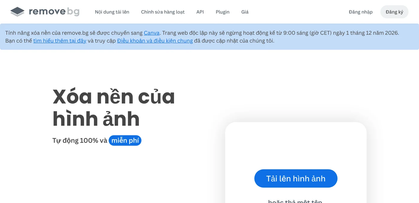 The remove.bg home page in Vietnamese, with the Upload Image button and a notice that the site will shut down on December 1, 2026