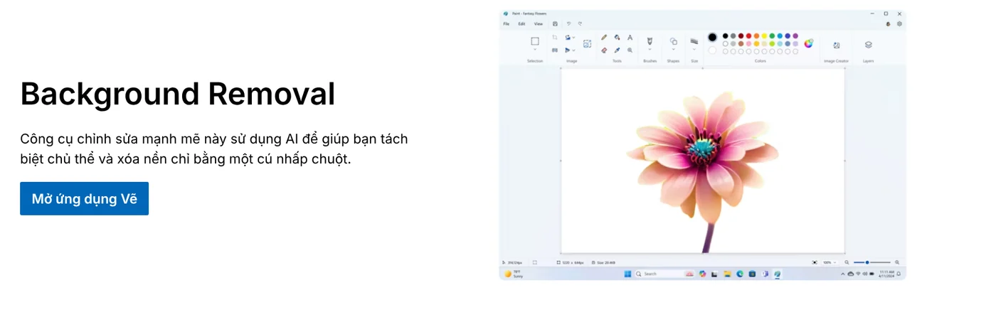 The Background Removal section of the Microsoft Paint page, saying the feature uses AI to separate the subject and remove the background in one click