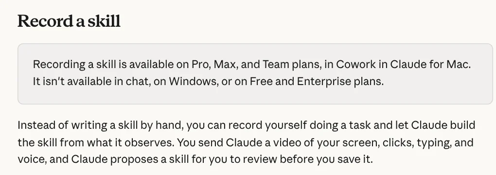The Record a skill section of the Claude help page: record your screen while doing a task so Claude can propose it as a skill