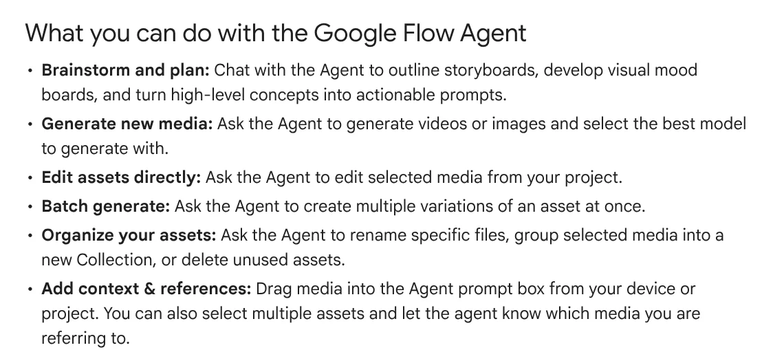 The What you can do with the Google Flow Agent section: outline storyboards, generate media, edit assets, batch variations, organize assets