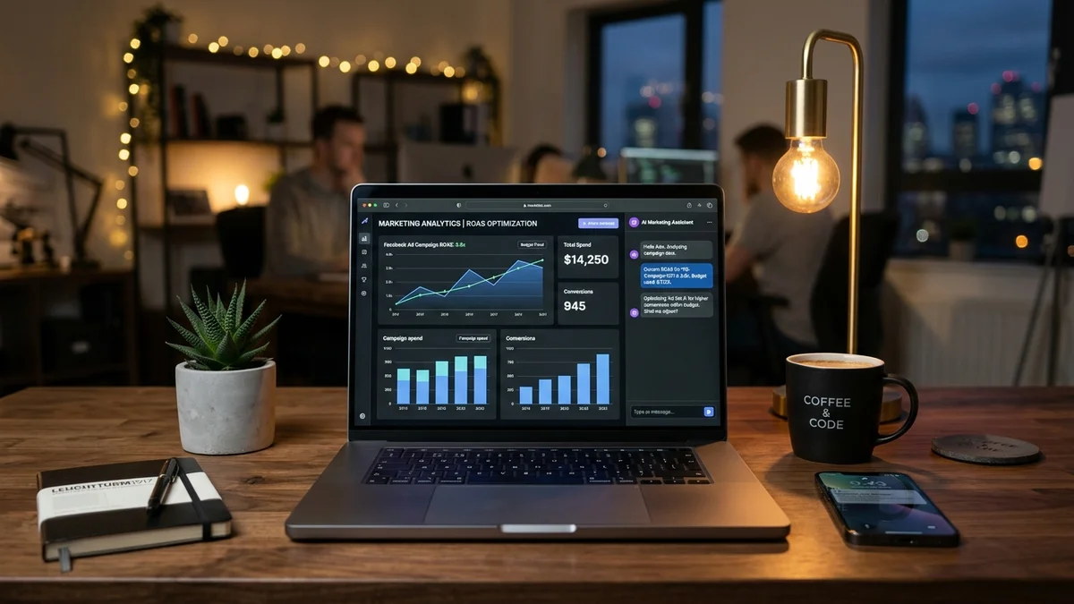 Modern workspace managing Facebook ads with Adam Ads MCP