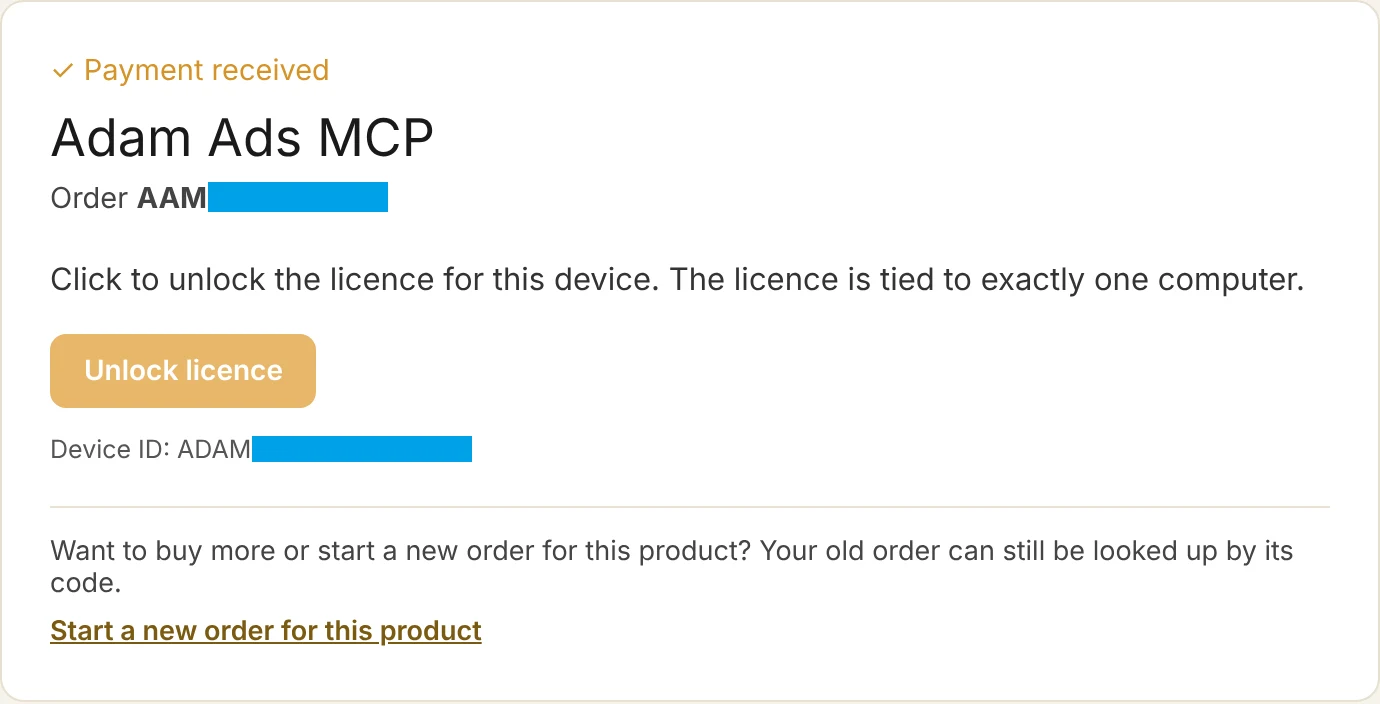 Checkout page: payment received, unlock the license