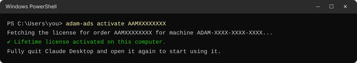 Lifetime license activated with adam-ads activate