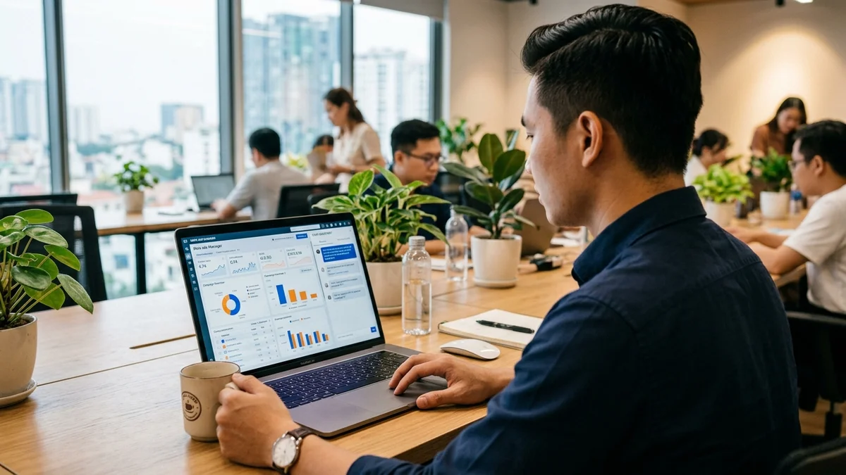 Professional marketer optimizing ad campaigns with AI assistant