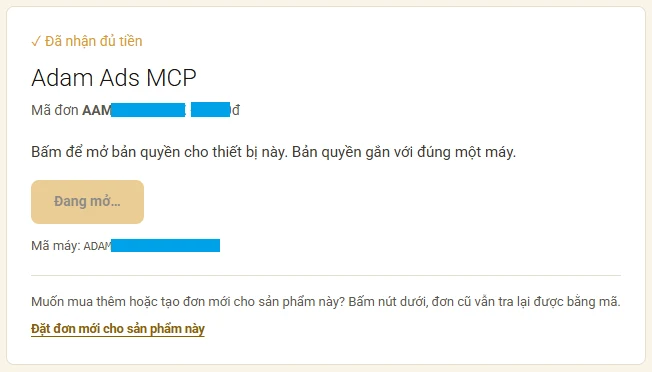 Trang mua báo đã nhận đủ tiền, nút mở bản quyền cho thiết bị này