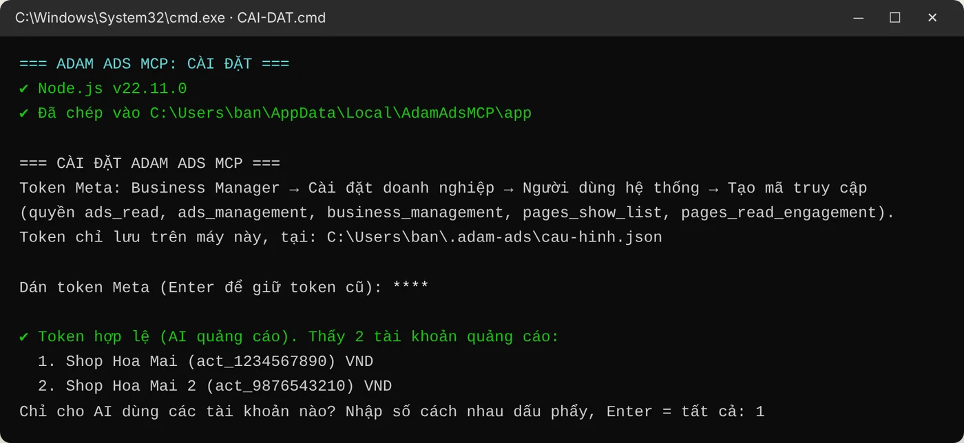 Token hợp lệ, trình cài liệt kê tài khoản quảng cáo