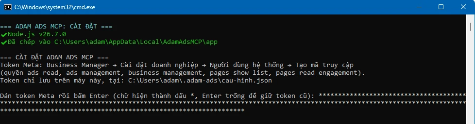Cửa sổ cài Adam Ads MCP trên Windows lúc dán token Meta, token hiện thành dấu sao